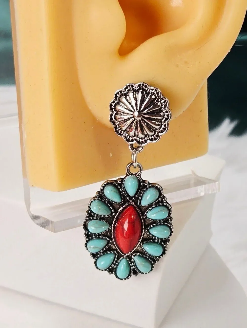 Turquoise Flower Earrings Western Cowgirl Dangle Jewelry Boho Squash Blossom